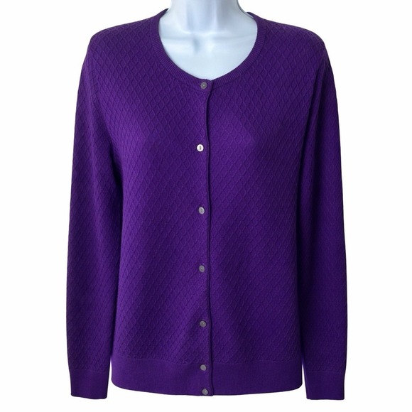 Land's End Purple Raised Diamond Cardigan Sweater Cozy Preppy Grannycore LP - Picture 2 of 10